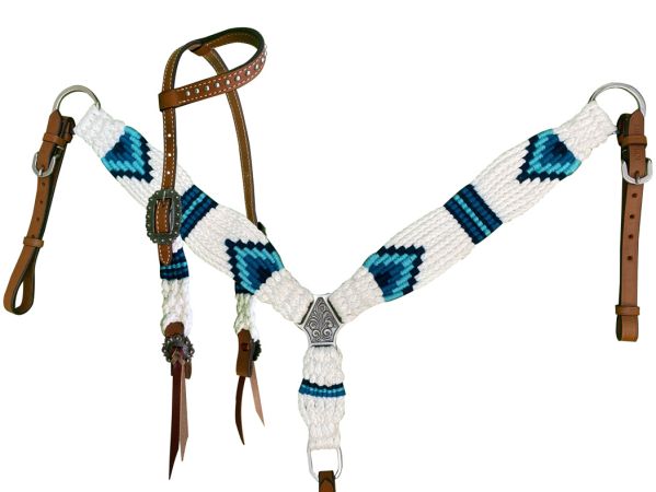 Showman Pony Size Corded One Ear Headstall &amp; Breast collar set - white and teal